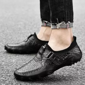 Модная мужская обувь Slip on British Style Causal Breathable Натуральная кожаная мужская обувь Hole Outdoor Shoes for Men 38 чёрный