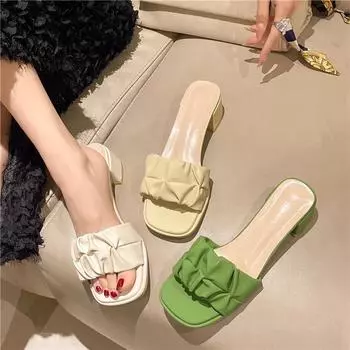 Модная обувь Женские тапочки Квадратный каблук Тапочки Женские Med Luxury Slides Летние дизайнерские блочные туфли Римские скандалы PU Hoof Heels 35 бежевый
