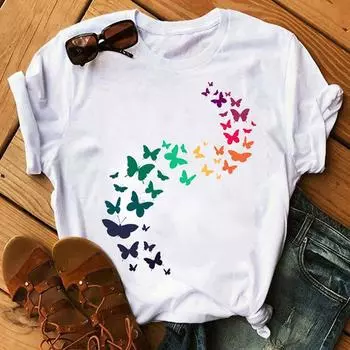 Модная рубашка больших размеров с цветным принтом бабочек, простая базовая рубашка, свободная одежда, футболки из чистого хлопка для женщин S