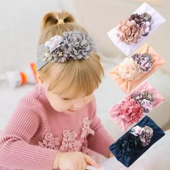 Модная широкая повязка на голову с 3D цветком из искусственного жемчуга для маленьких девочек, мягкая повязка для волос серый