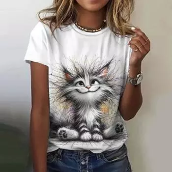 Модная уличная одежда с принтом 3D Cat женская футболка повседневная футболка с коротким рукавом свитер с круглым вырезом летняя женская свободная одежда S