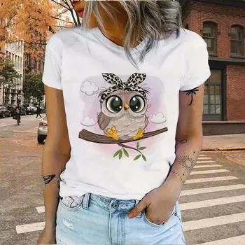 Модная женская футболка с красивыми животными, кошками, птицами, бабочками, жирафами и принтом, забавная повседневная футболка с круглым вырезом и короткими рукавами, летняя женская футболка S синий