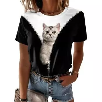 Модная женская футболка с принтом 3D Kawaii Cat, короткий рукав, трендовая футболка, повседневная XXS