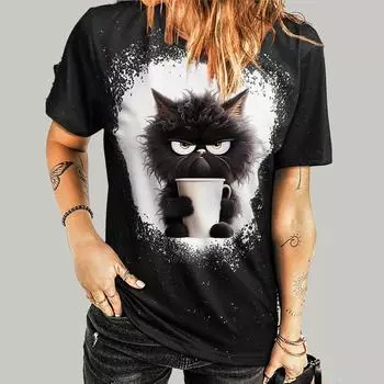 Модная женская футболка с принтом Angry Cute Cat, забавная повседневная футболка с круглым вырезом и короткими рукавами, летняя женская футболка