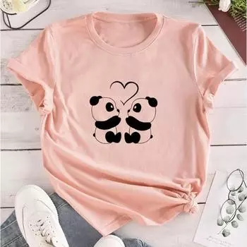 Модная женская футболка с принтом Panda&Love, забавная повседневная футболка с круглым вырезом и короткими рукавами, летняя женская футболка XS розовый