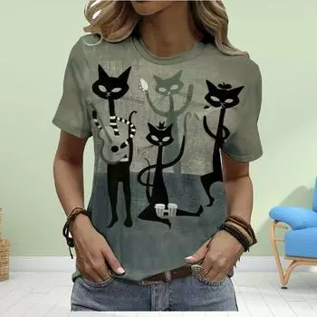 Модная женская футболка с рисунком из мультфильма «Кошка», забавная повседневная футболка с короткими рукавами и круглым вырезом, летняя женская футболка XS чёрный