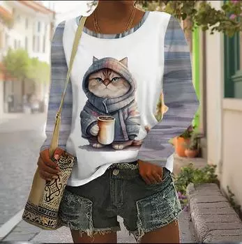 Модная женская одежда с длинным рукавом и круглым вырезом Teacup Cat на весну и осень, повседневные футболки больших размеров с принтом животных и кошек S
