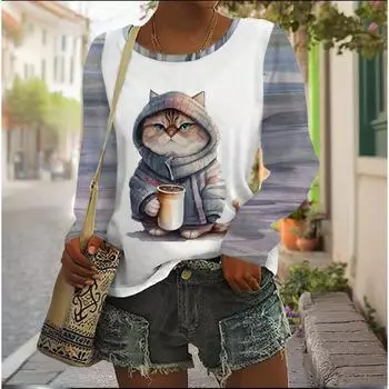 Модная женская одежда с длинным рукавом и круглым вырезом Teacup Cat на весну и осень, повседневные футболки больших размеров с принтом животных и кошек S