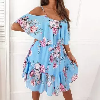 МОДНОЕ 1PC Женское платье на тонких бретельках Летний сарафан с цветочным принтом и открытыми плечами Элегантное шифоновое А-силуэтное пляжное платье в стиле бохо S белый