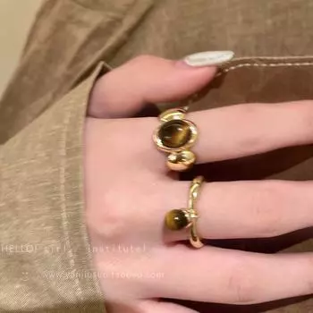 Модное кольцо на открытый указательный палец: Камень тигровый глаз в стиле ретро в Гонконге для женщин b золотой