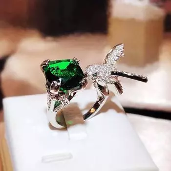 Модное кольцо с колибри для женщин, зеленый циркон, кольцо с колибри, ювелирные изделия, вечерние украшения, свадебное кольцо, высокое качество, подарок на годовщину Resizable