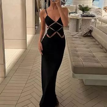 Модное летнее платье-слинг с вырезами, однотонное Black M