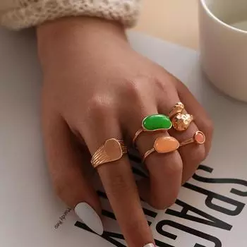 Модное новое темпераментное кольцо с изумрудным драгоценным камнем желеобразного цвета, комбинация драгоценных камней, женское кольцо из 5 предметов