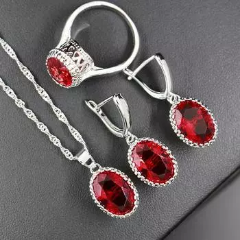 Модное ожерелье из циркония, серьги, кольца, комплект из трех овальных циркониевых украшений, многоцветный вариант на выбор Size 6 ring set красный