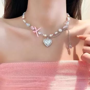 Модное ожерелье с розовым бантом и сердцем из бисера, подвеска в виде звезды, ожерелье, ювелирные аксессуары для дня рождения C2322-1