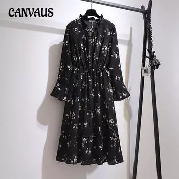 Модное свободное платье с цветочным принтом, шифоновое платье, весенние и осенние платья больших размеров