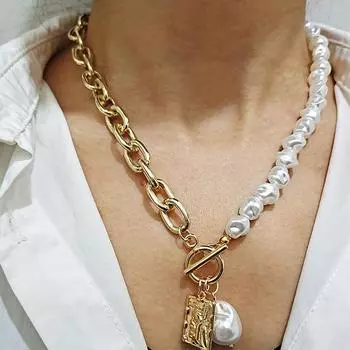 Модное жемчужное ожерелье-цепочка для женщин, жемчужное ожерелье в стиле барокко, металлическое подвесное ожерелье, колье, змеиная цепочка, ювелирные изделия, цвет: золото, серебро