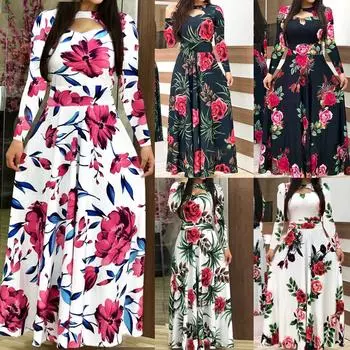 Модное женское длинное платье с цветочным принтом в стиле бохо с длинным рукавом, женское повседневное платье S