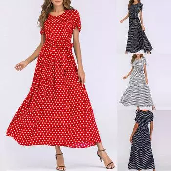 Модное женское пляжное длинное платье макси в горошек с коротким рукавом L чёрный