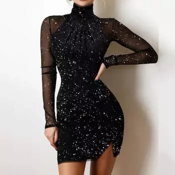 Модное женское свободное яркое платье со стразами и длинными рукавами L чёрный