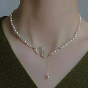 Модное женское винтажное ожерелье с жемчугом и бабочкой, женское ожерелье с подвеской на воротнике, шейная цепочка, аксессуары для вечеринок one size как
