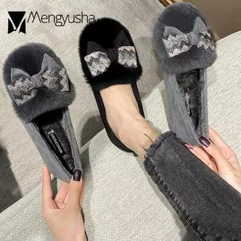 Модные блестящие зимние плюшевые туфли женские, блестящие, с бантом, из кроличьего меха, мокасины с мехом, женские, уютные, теплые, хлопковые мокасины, большие размеры 35-43 5 серый