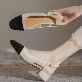 модные босоножки на толстом каблуке Match Color Bun Head для женщин, лето 2024, французские задники, пустые высокие каблуки для женщин, одинарные туфли 35 абрикосовый