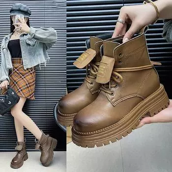 Модные ботинки Осенние ботинки Doing Old Letters Lapel Lace-up Boots Wipe Color Thick Bottom Short Boots Мотоциклетные ботинки для женщин 35 коричневый