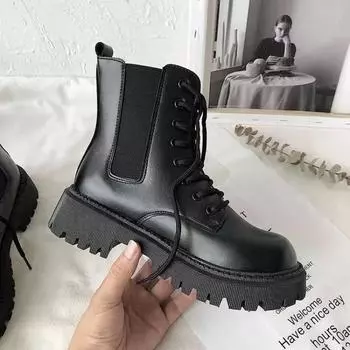 модные черные ботинки Ins Tide Western Style Байкерские женские ботинки в английском стиле Толстая подошва Сто модных коротких PU для женщин для сапог 35 чёрный