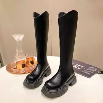 Модные черные дизайнерские сапоги на платформе для женщин, осень-зима, мягкая подошва, женская обувь, модные корейские длинные сапоги для женщин 35
