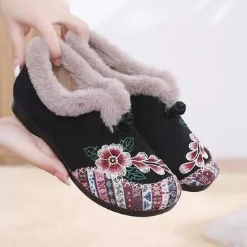 Модные черные мокасины с вышивкой и цветочным принтом, женские удобные походные туфли для женщин, теплые мягкие мокасины для мам и бабушек, женские плюшевые кроссовки 37 красный