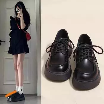 Модные черные туфли на танкетке с большой головкой и средним каблуком Jk Uniform, женские летние новые туфли на платформе в японском британском стиле для колледжа 35 чёрный