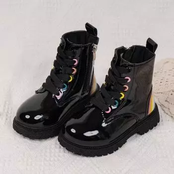 Модные детские короткие ботинки Classmate Street Style Princess, кожаные ботинки на шнуровке 22 yards, inner length 14.5cm чёрный