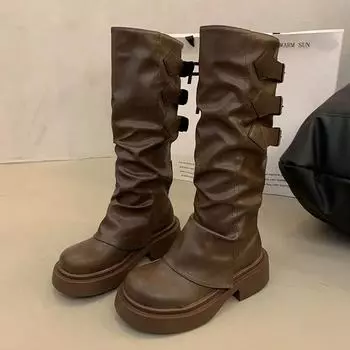 Модные дизайнерские кожаные сапоги на платформе для женщин, модные женские сапоги до колена с мягкой подошвой, повседневная обувь весна-осень для женщин 35