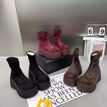 Модные дизайнерские зимние женские эластичные современные ботинки повседневные короткие ботильоны женские туфли на платформе с танкеткой на высоком каблуке 35 коричневый