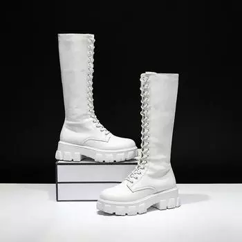 Модные длинные женские сапоги, модные сексуальные женские сапоги из искусственной кожи на молнии, дизайнерские панк-ботинки для женщин, мотоциклетные сапоги на платформе и толстом каблуке 35 белый