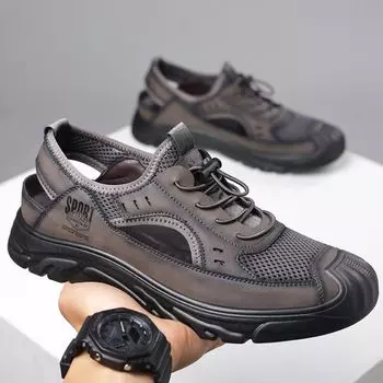 Модные дышащие кожаные сандалии из натуральной кожи, мужские мягкие кожаные легкие повседневные туфли с ажурной подошвой и сетчатыми отверстиями 38 серый