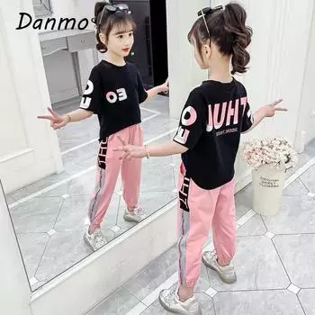 Модные комплекты одежды Danmo из 2 предметов для девочек, детская одежда, хлопковые футболки Causla + брюки, наряды, летние эксклюзивные костюмы 160 белый