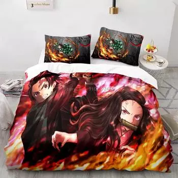 Модные комплекты постельного белья Demon Slayer с принтом аниме, комплект одеяла, односпальный, двухместный, двуспальный, для мальчиков и девочек, декор для подростковой спальни EU Single 135x200cm