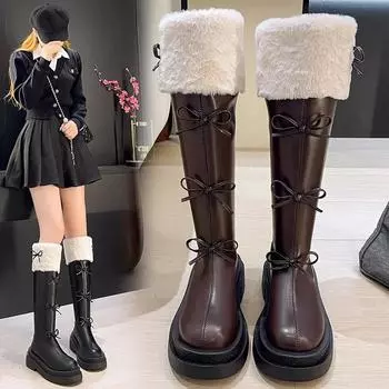 модные кожаные бархатные сапоги до колена для женщин зимние модные сапоги на платформе с бантом рыцарские сапоги женские модные ботинки с перекрестными шнурками 2024 35 чёрный