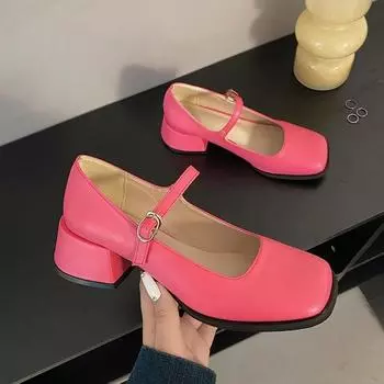 Модные красные туфли Мэри Джейн на среднем каблуке для женщин с квадратным носком и пряжкой на щиколотке, женские туфли из искусственной кожи на толстом каблуке для вечеринок 35 красный