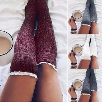 Модные кружевные женские зимние вязаные гольфы с отделкой, гетры чёрный
