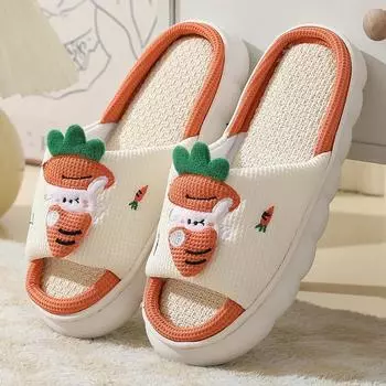 Модные милые хлопковые льняные тапочки с рисунком кролика из мультфильма, женские летние дышащие шлепанцы на платформе, бесшумные тапочки, кавайные шлепанцы 36 -37