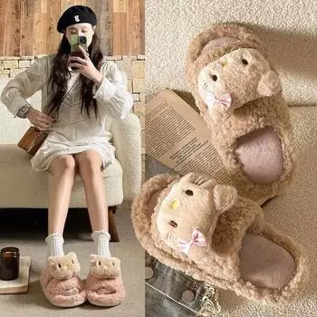 Модные милые тапочки с героями мультфильмов для женщин, зимние теплые тапочки с мягкой подошвой для дома, плюшевые тапочки для пар, нескользящие домашние туфли из хлопка на плоской подошве 36-37 белый