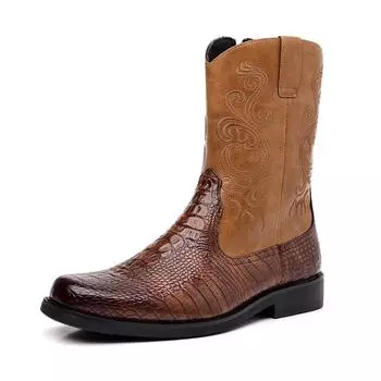 Модные мужские британские ботинки Cowboy Botas Retro Alligator из кожи с боковой молнией High-top Leather Motocross Boots Mens Boots Chelsea Fashion Shoes 38 чёрный