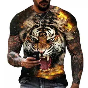 Модные мужские футболки с 3D принтом Fierce Tiger Animal, летние футболки с круглым вырезом большого размера с короткими рукавами, футболки 6XL S