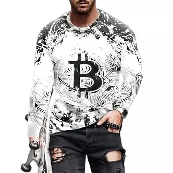 Модные мужские футболки с биткойн-графикой и 3D принтом, весенняя уличная одежда, повседневные свободные топы с круглым вырезом и длинными рукавами, футболка мужская одежда 4XL