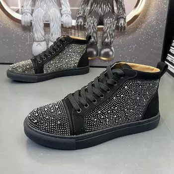 Модные мужские туфли из коровьей замши с заклепками, черные, белые, со стразами, туфли для вечеринок, ночных клубов, туфли на плоской подошве, ботильоны на платформе, мужские 240 чёрный