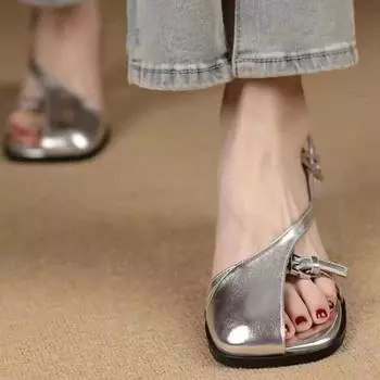 Модные новые дизайнерские сандалии Sense Retro Half Toe на низком каблуке в римском стиле 2024 года, летняя мода, повседневная женская обувь с застежкой-молнией 35 чёрный