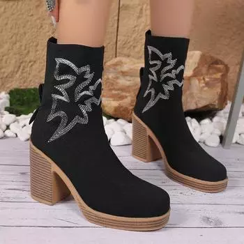 Модные осенние новые грубые каблуки одинарные ботинки с круглым носком и заостренным носком с вышитыми рукавами противоскользящие износостойкие короткие ботинки 36 чёрный